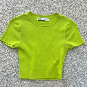 Zara Women’s Bright Lime Green Short Sleeve Knit Top